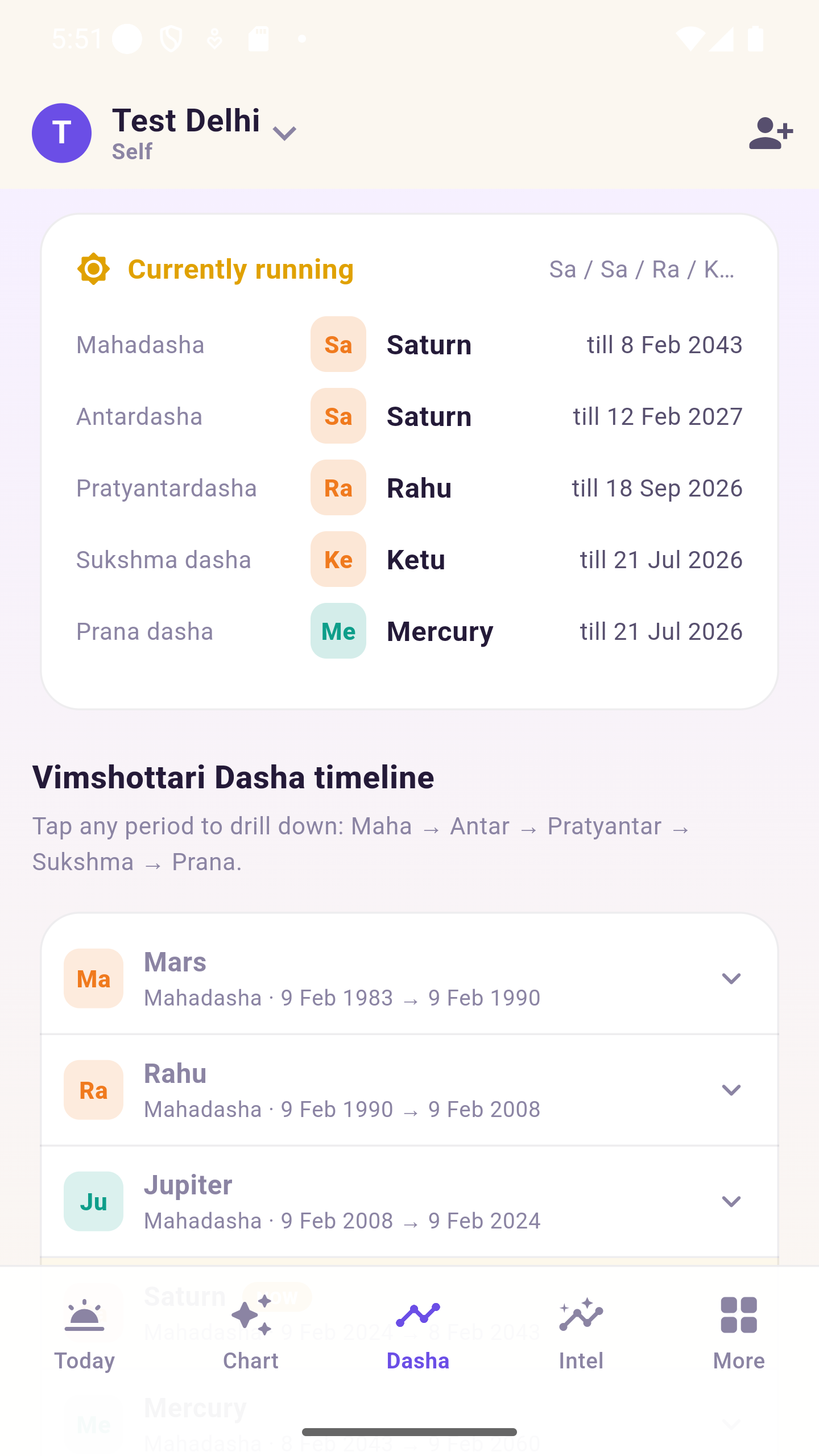Dasha timeline screen